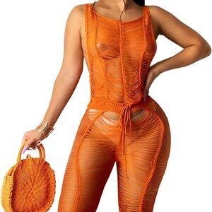 Crochet Orange Hollow Out One-Piece Bikini See Through Cover Up Jumpsuit SZ M